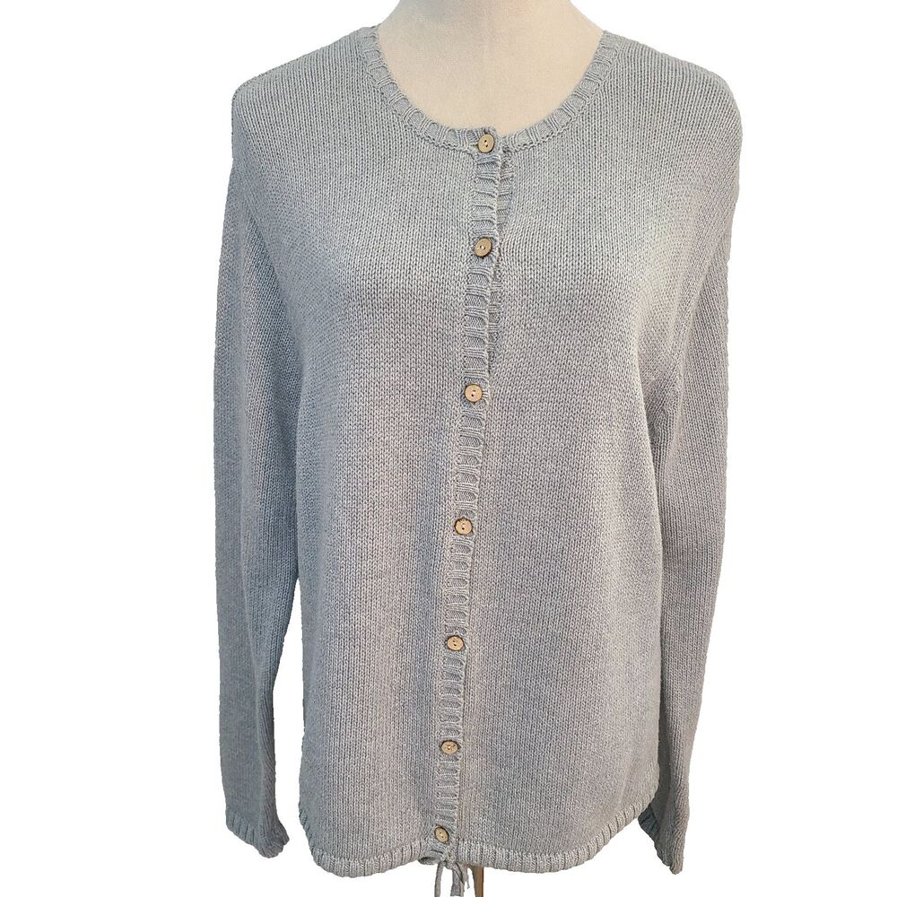 J Jill Sweater Sz M Cotton Knit Button Front Cardigan Drawstring Coastal Grandma